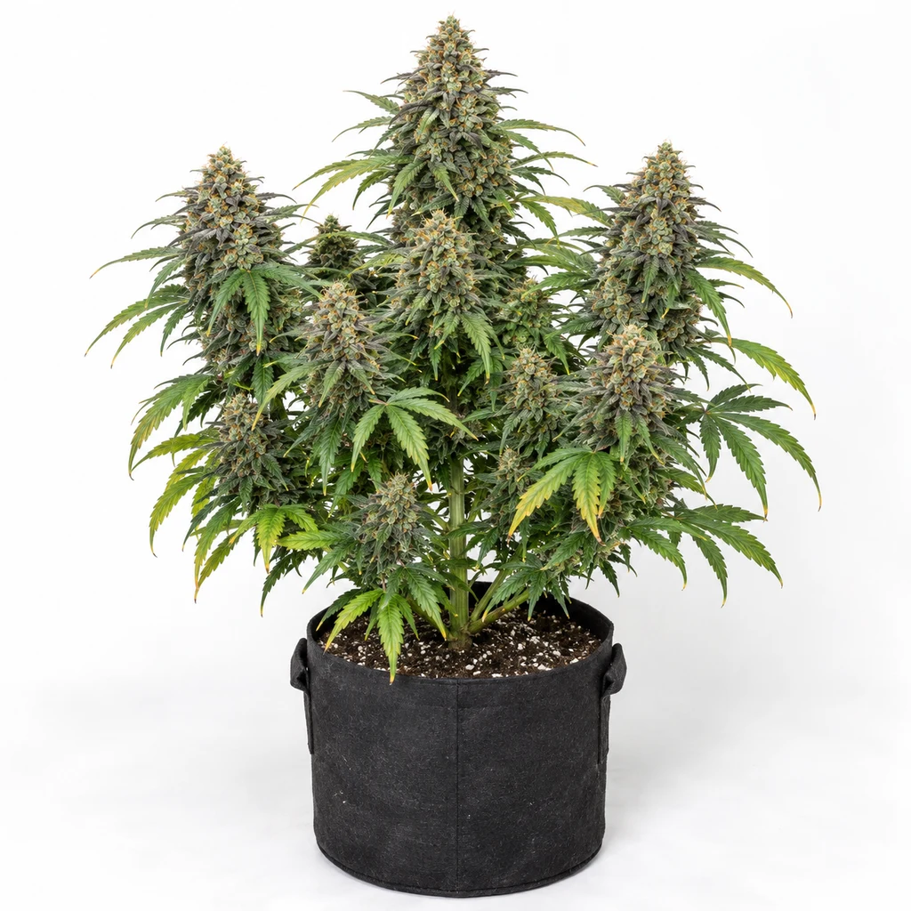 Ilustración de una planta de cannabis en floración, en maceta negra y sobre fondo blanco, para la ficha de Chem Cookies Feminizada.
