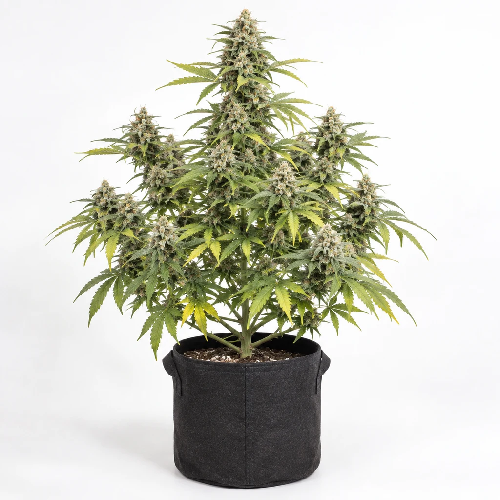 Ilustración de una planta con varias colas florales y hojas verdes y amarillas en maceta negra para la ficha de Recovery CBD Feminizada.