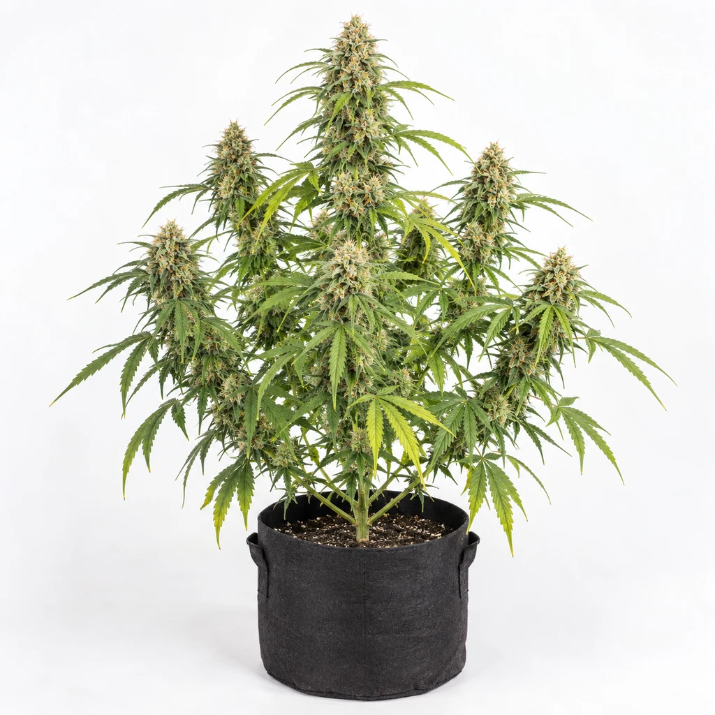 Ilustración de una planta de cannabis en floración para la ficha de Thunder Banana Auto, con cogollos alargados y maceta textil negra.
