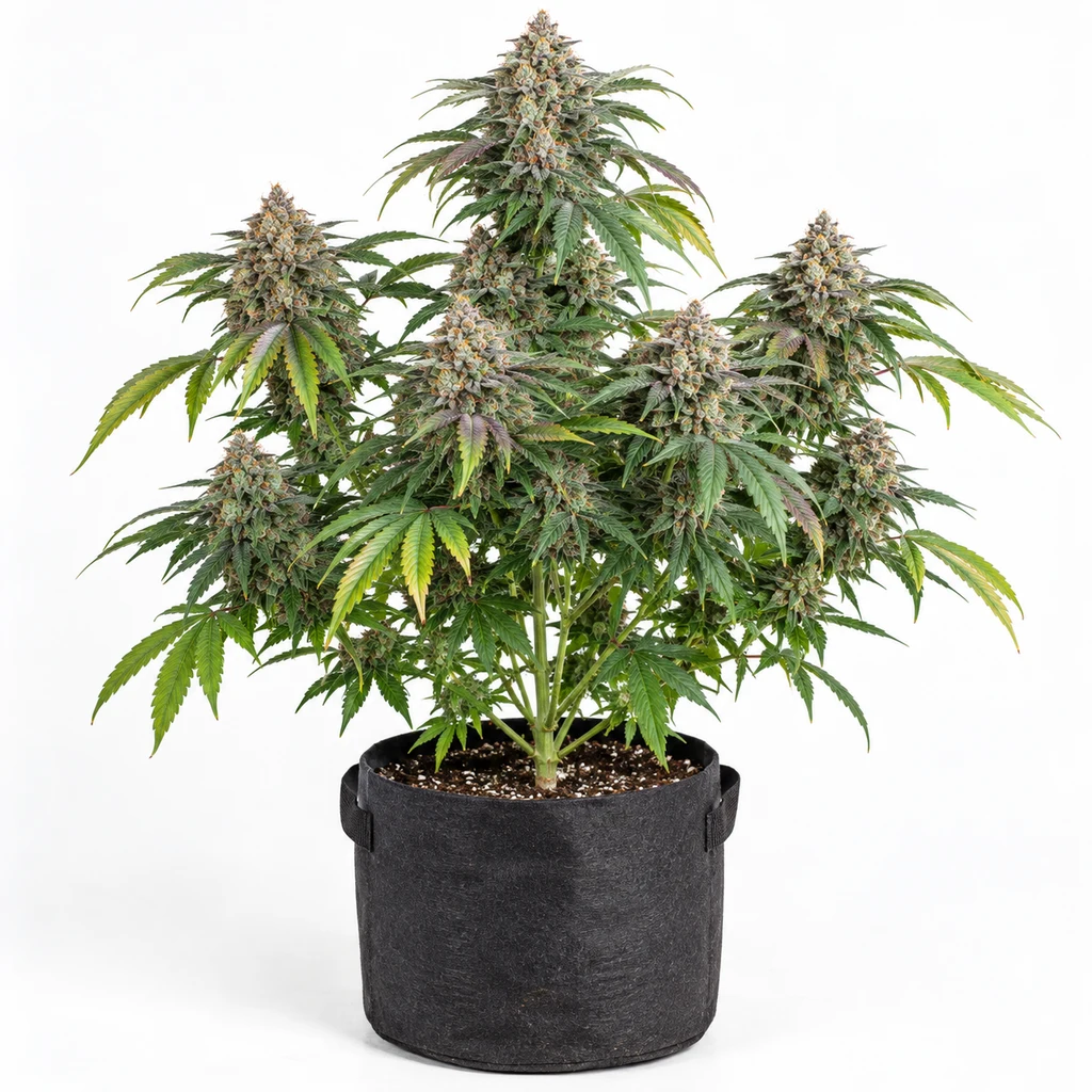 Ilustración de una planta de cannabis con flores y hojas verdes, amarillas y moradas en maceta oscura para la ficha de Cookielato Feminizada.