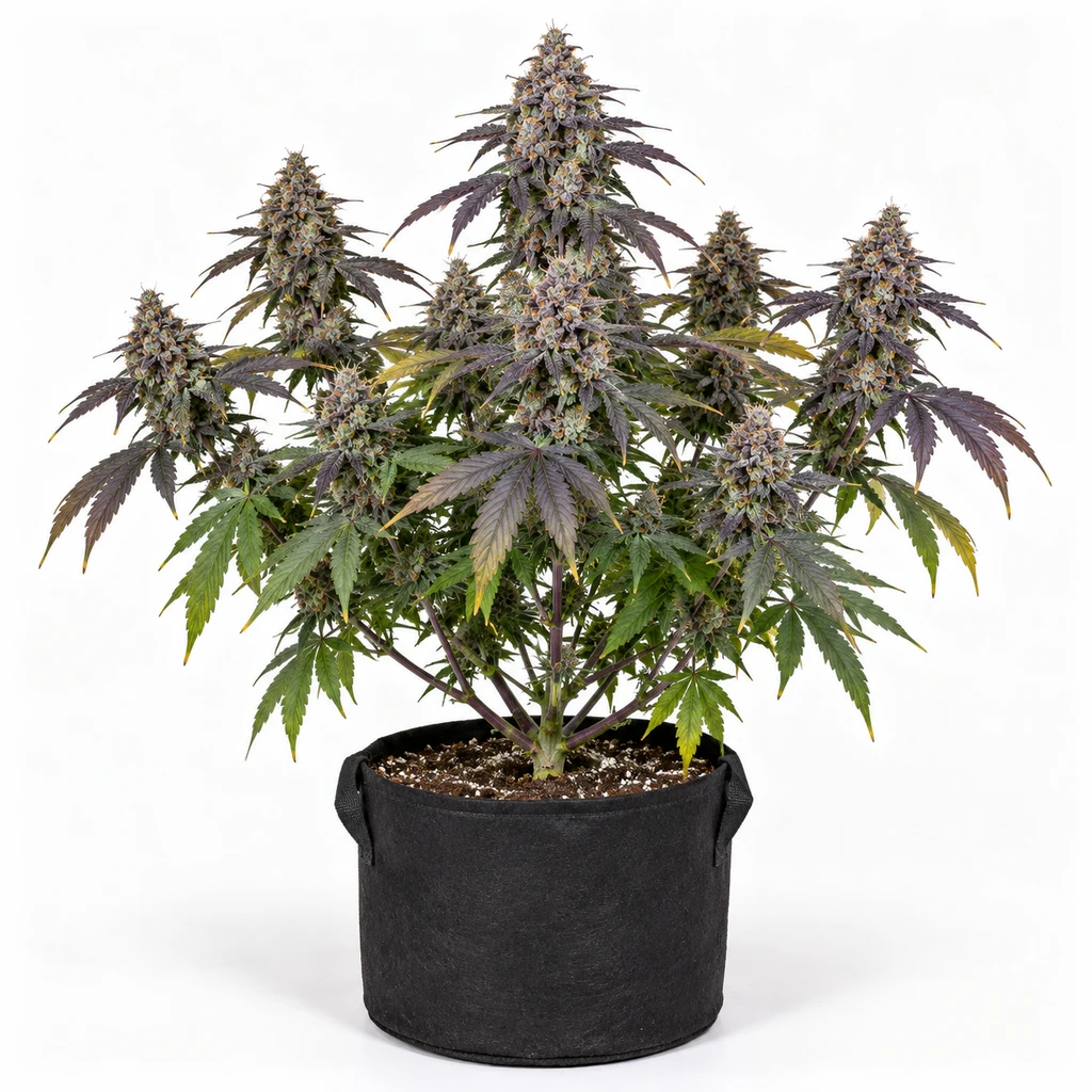 Ilustración de una planta en maceta negra, con cogollos y hojas verdes y moradas, para la ficha de Cookies Purple Punch Feminizada.