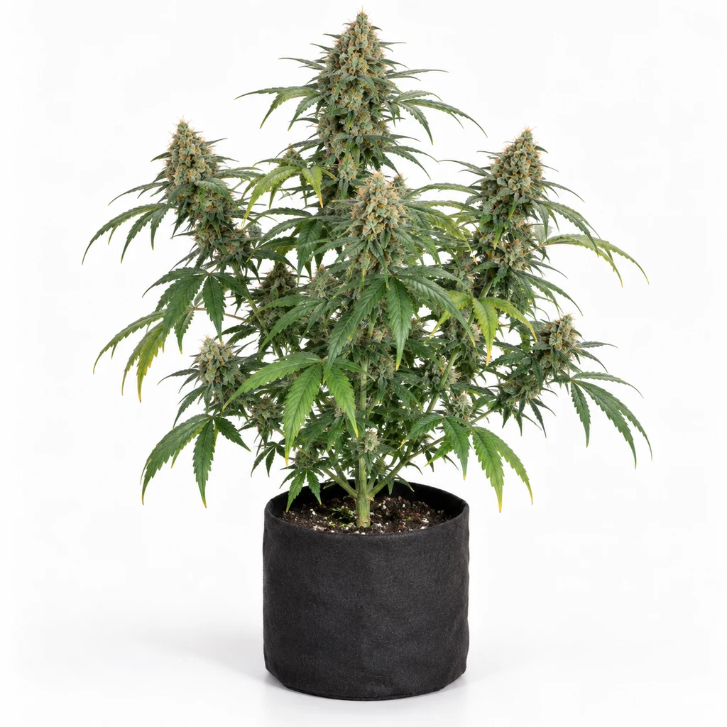 Ilustración de una planta en floración para la ficha de Y Griega CBD 2.0 Feminizada, en maceta de tela negra sobre fondo blanco.