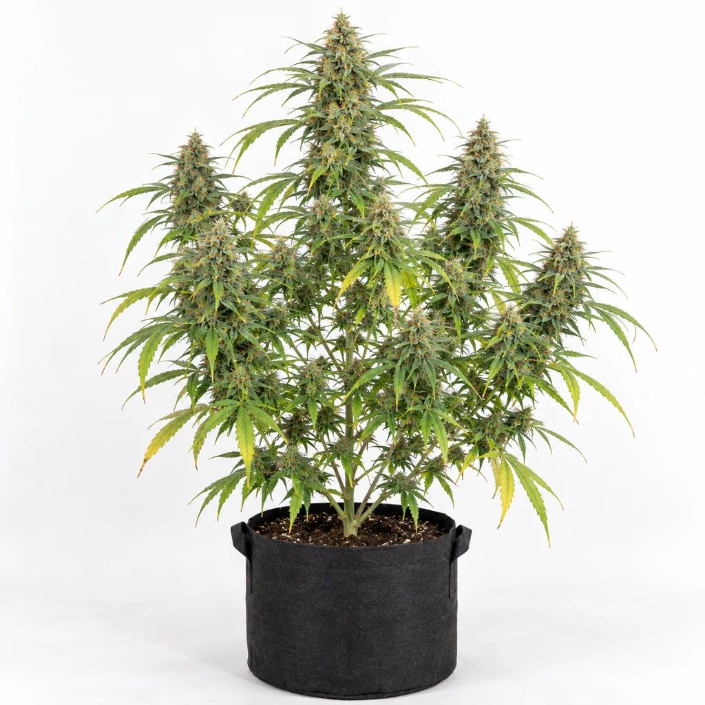 Ilustración de una planta ramificada en floración, en maceta negra de tela, para la ficha de Guawi Feminizada de ACE Seeds.