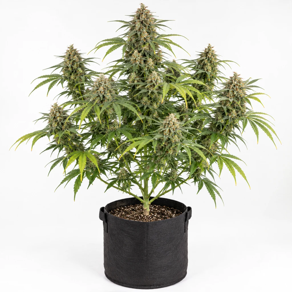Ilustración de una planta de cannabis en floración en maceta de tela negra, sobre fondo blanco, para la ficha de GG-48 Feminizada.