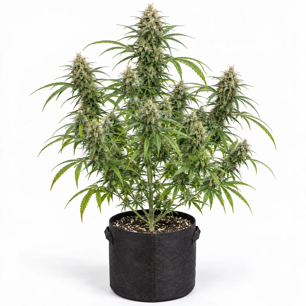 Ilustración de una planta de cannabis para la ficha de Auto Ramses, con flores alargadas y hojas estrechas en maceta negra sobre fondo blanco.