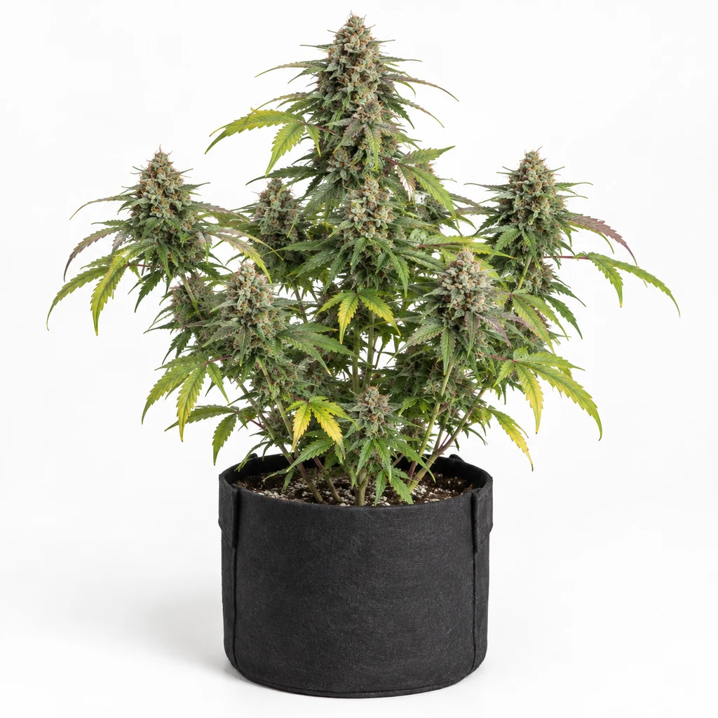 Ilustración de una planta de cannabis en floración en maceta negra, con hojas verdes y amarillas, para la ficha de Strawberry Haze Auto.