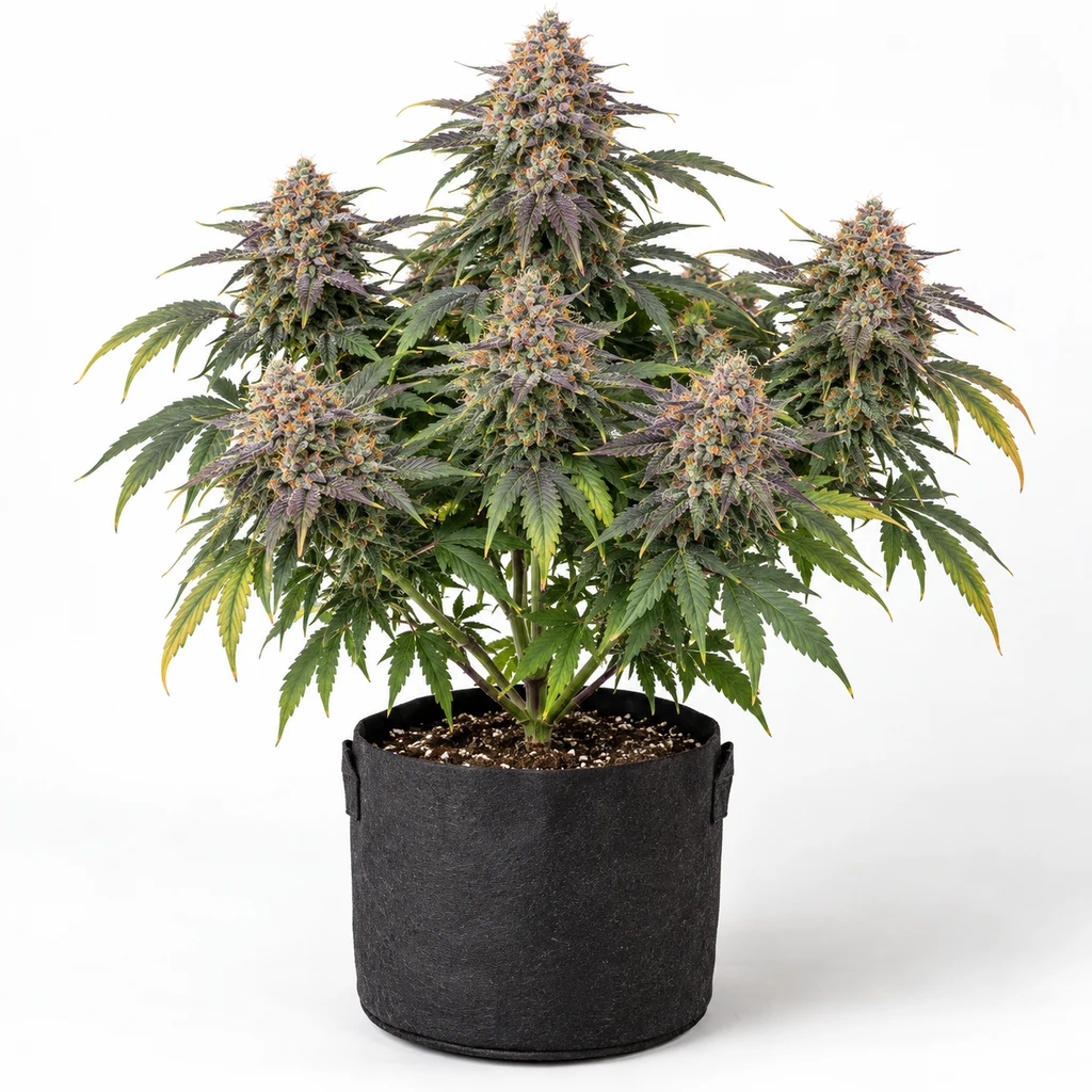Ilustración de una planta en maceta negra, con varias colas florales y hojas verdes y moradas para la ficha de Sunset Sherbet Feminizada.