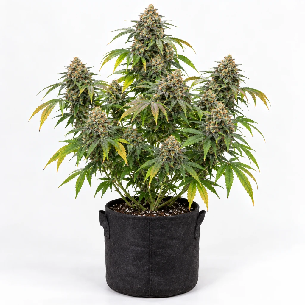 Ilustración de una planta con cogollos y hojas verdes y amarillas en maceta negra, para la ficha de Mandarin Cookies Feminizada de Spain Seeds.