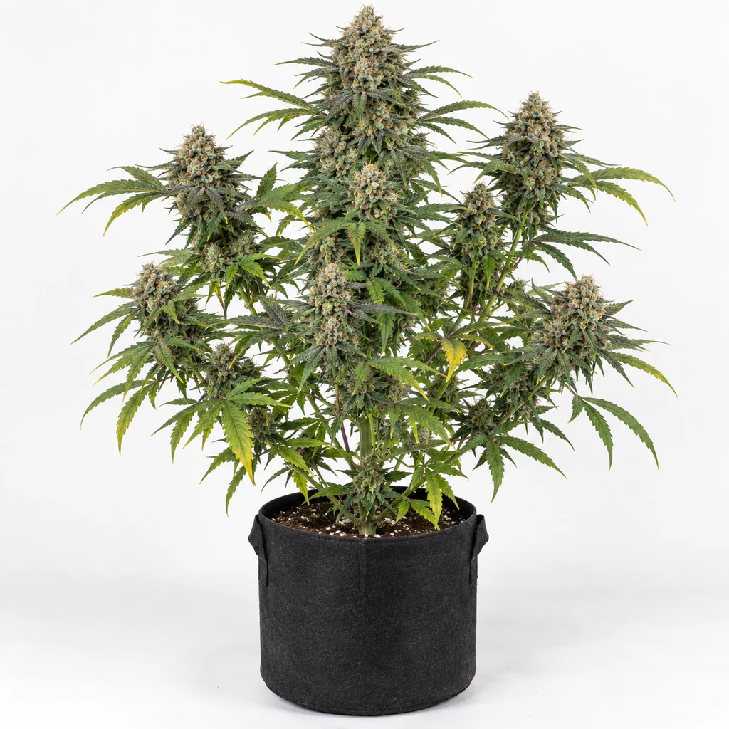 Ilustración de una planta de cannabis con cogollos voluminosos y maceta negra de tela para la ficha de Gas Face Feminizada.
