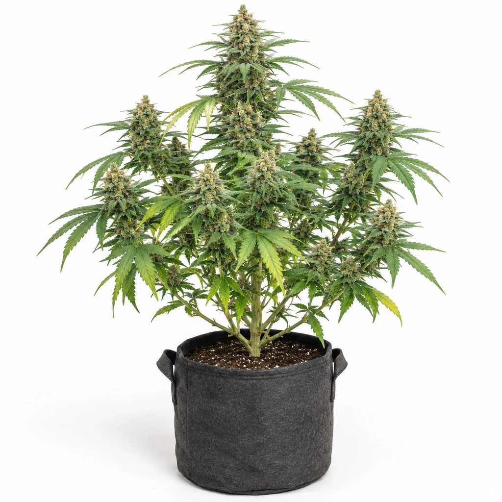 Ilustración de una planta de cannabis en floración en maceta negra, sobre fondo blanco, para la ficha de Cannatonic 0,3/20 Auto CBD.