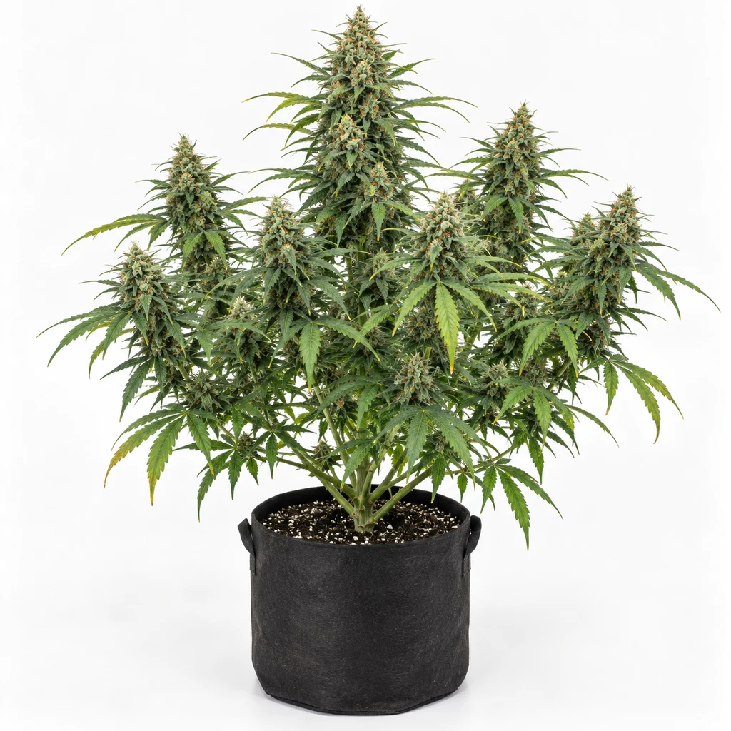 Ilustración de una planta de cannabis ramificada, con cogollos y maceta negra de tela, para la ficha de Damnesia Feminizada.