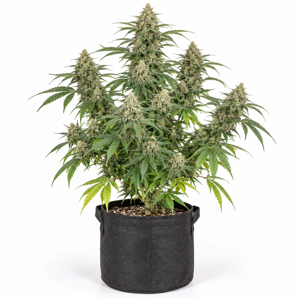 Ilustración de una planta de cannabis en floración para la ficha de White Haze Automatic, con abundantes cogollos en una maceta negra.