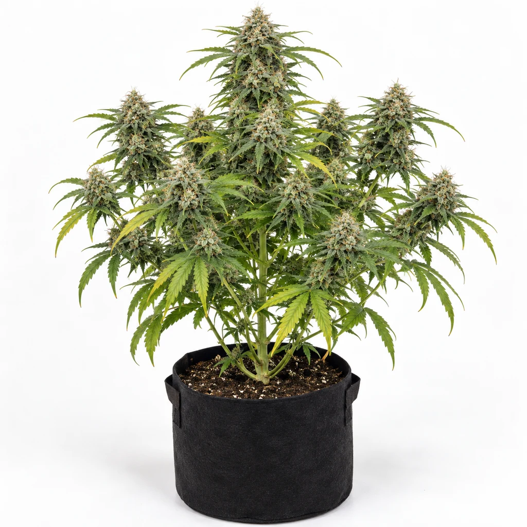 Ilustración de una planta en floración en maceta negra, con varias ramas y cogollos, para la ficha de Maxi Haze Auto – Grass-O-Matic.