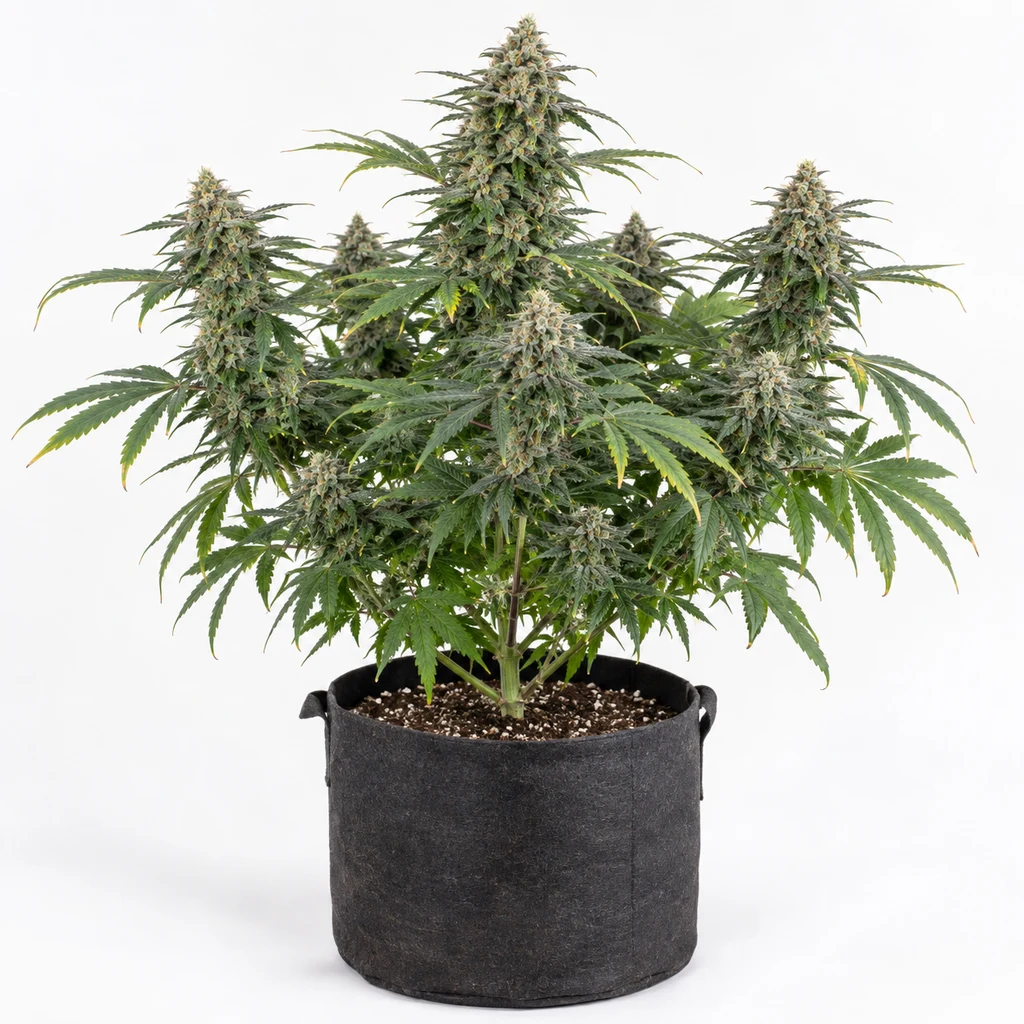 Ilustración de una planta con cogollos y hojas verdes en maceta oscura para la ficha de Skywalker Kush Feminizada de DNA Genetics.