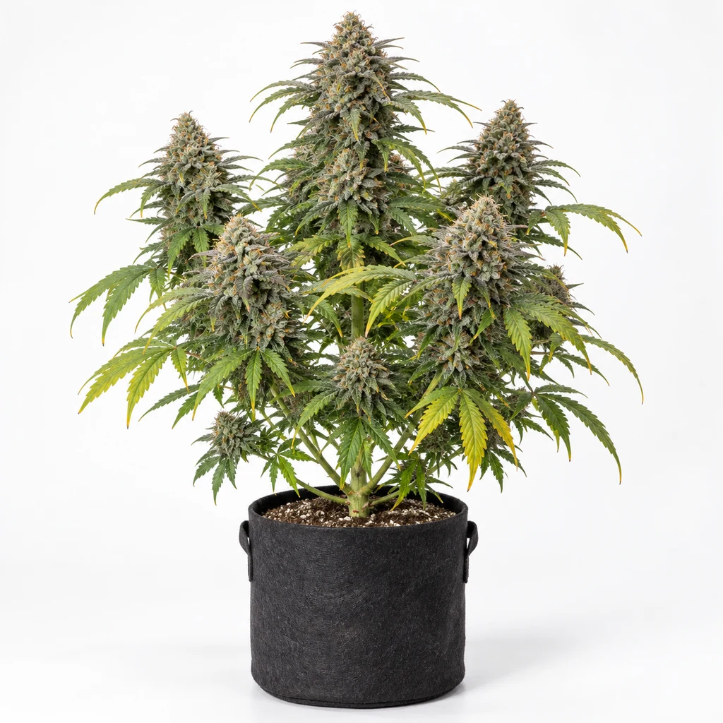 Ilustración de una planta de cannabis en floración para la ficha de Gushers Feminizada, con cogollos y maceta negra sobre fondo blanco.
