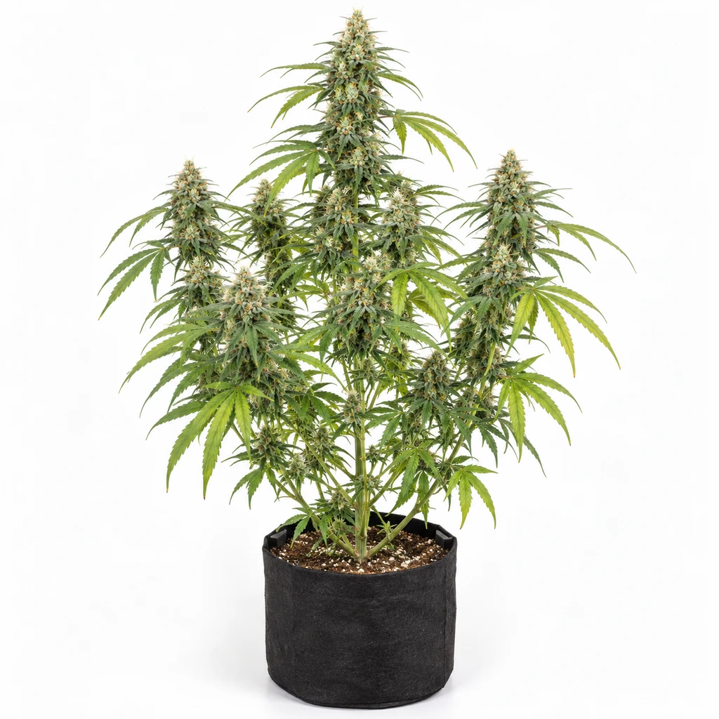 Ilustración de una planta en floración con cola central alta y ramas laterales en maceta negra, para la ficha de Royal THCV Feminizada.