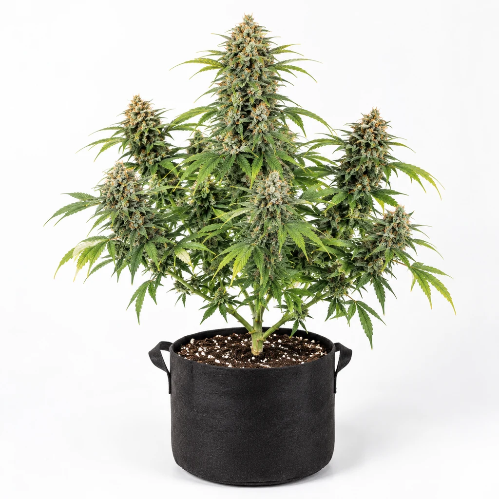 Ilustración de una planta de cannabis en floración para la ficha de Lucid Bolt, en maceta negra con asas sobre fondo blanco.