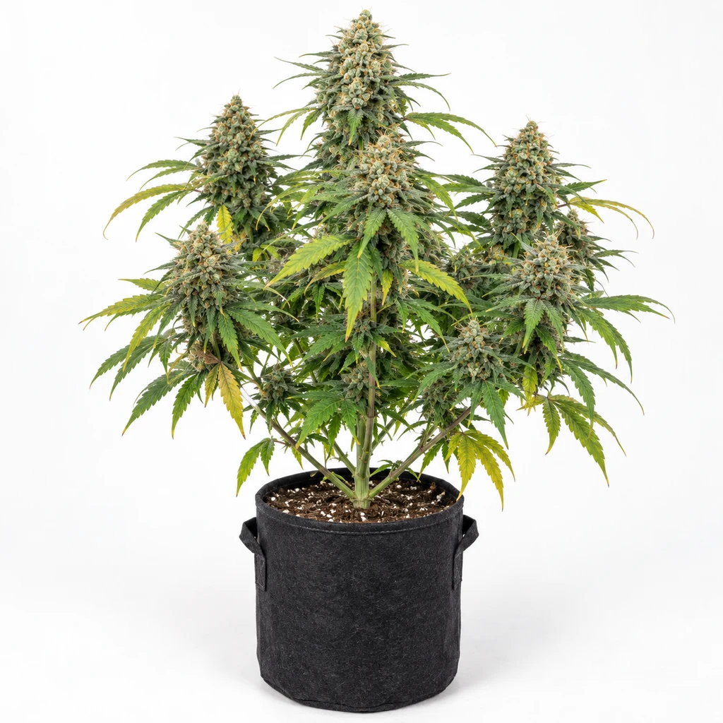 Ilustración de una planta de cannabis con cogollos y hojas verdes y amarillentas en maceta negra para la ficha de OG Kush CBD Feminizada.