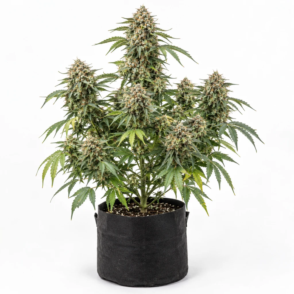 Ilustración de una planta de cannabis en floración para la ficha de Gelato Cake, con cogollos voluminosos y maceta negra sobre fondo blanco.