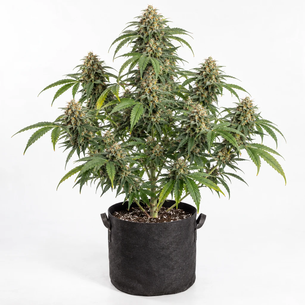 Ilustración de una planta en floración para la ficha de Durga Mata II CBD Feminizada, con varias colas y maceta negra con asas.
