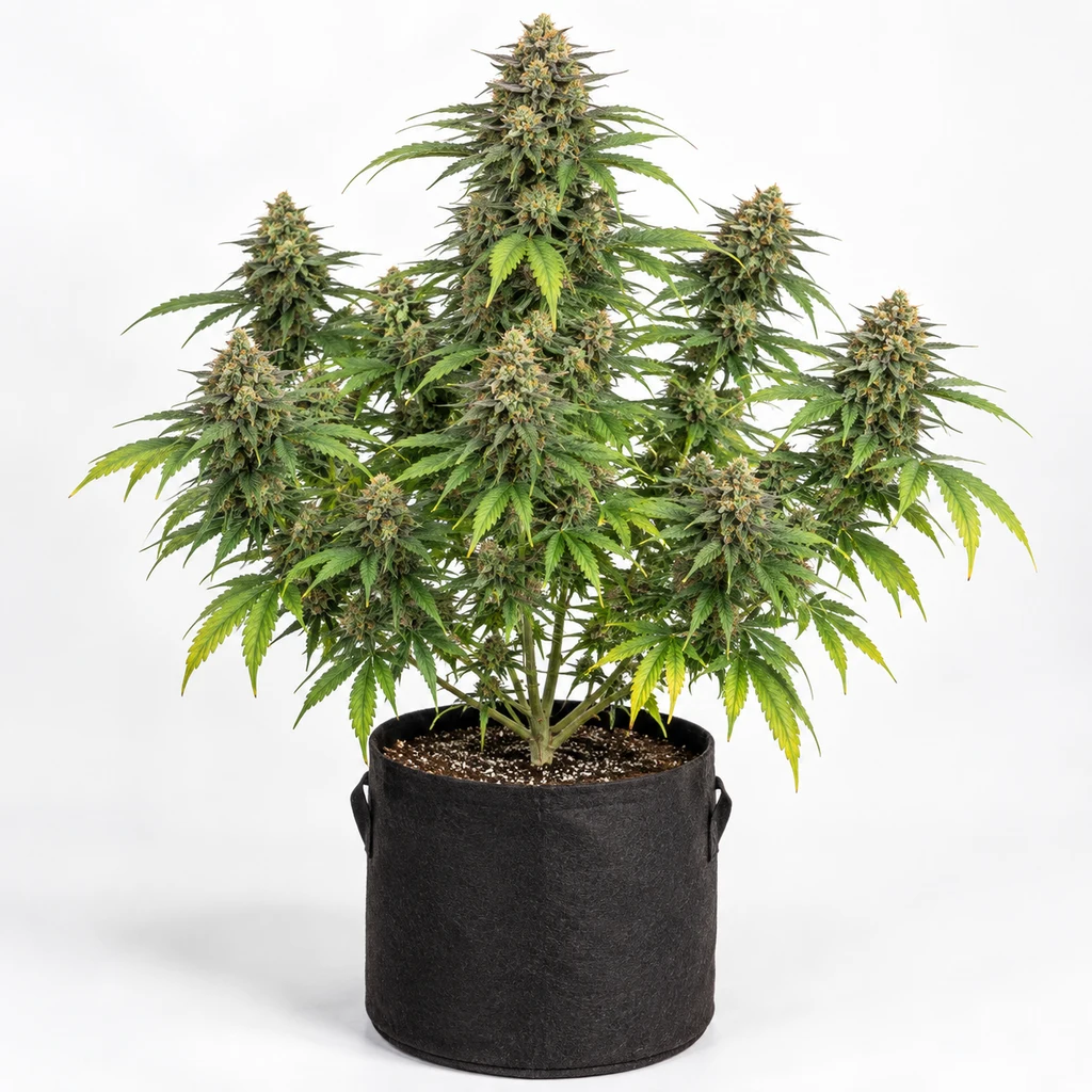 Ilustración de una planta de cannabis con abundantes cogollos en maceta textil negra, para la ficha de Galaxy Fast Feminizada de Pyramid Seeds.