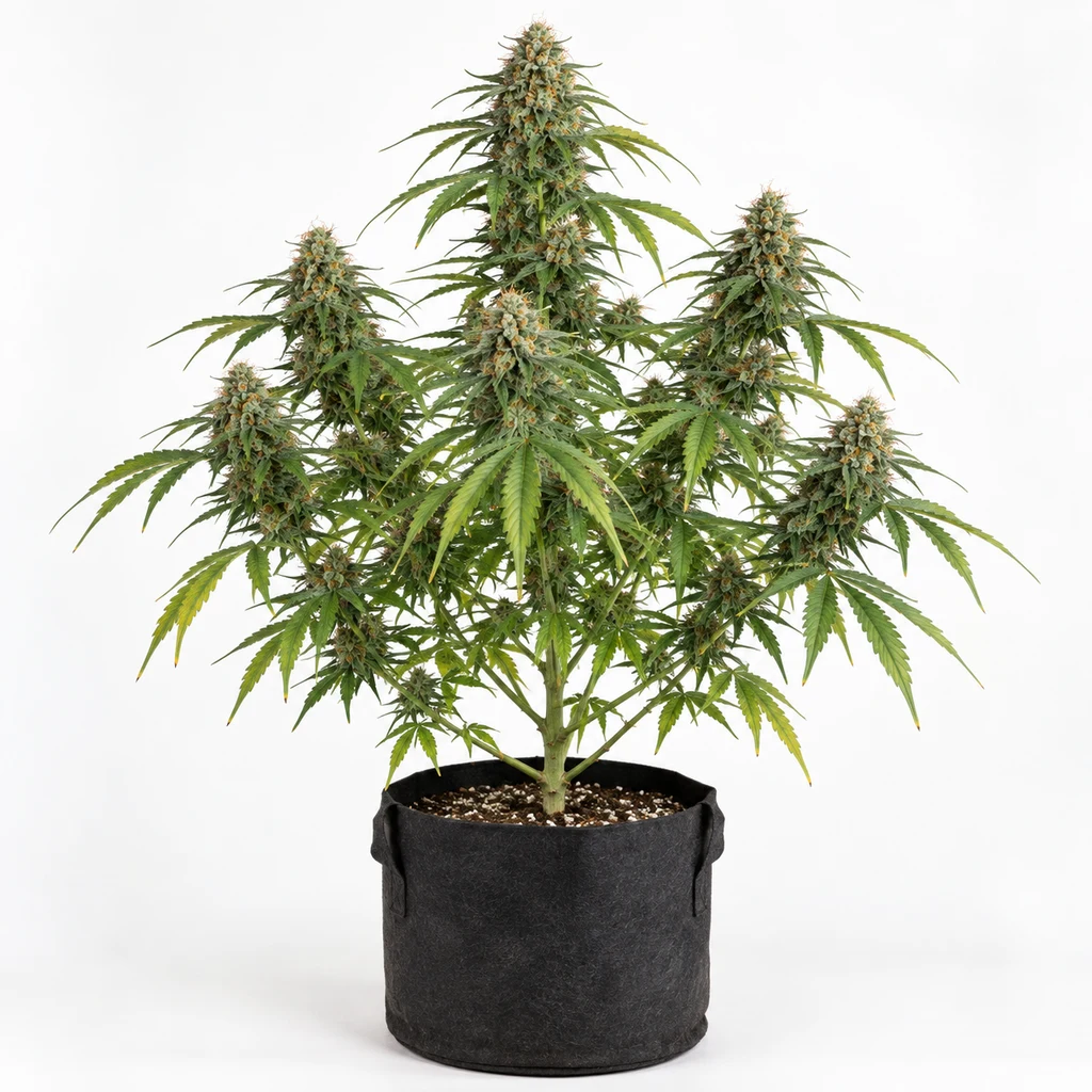 Ilustración de una planta de cannabis en floración, en maceta negra y sobre fondo blanco, para la ficha de Orka Feminizada.