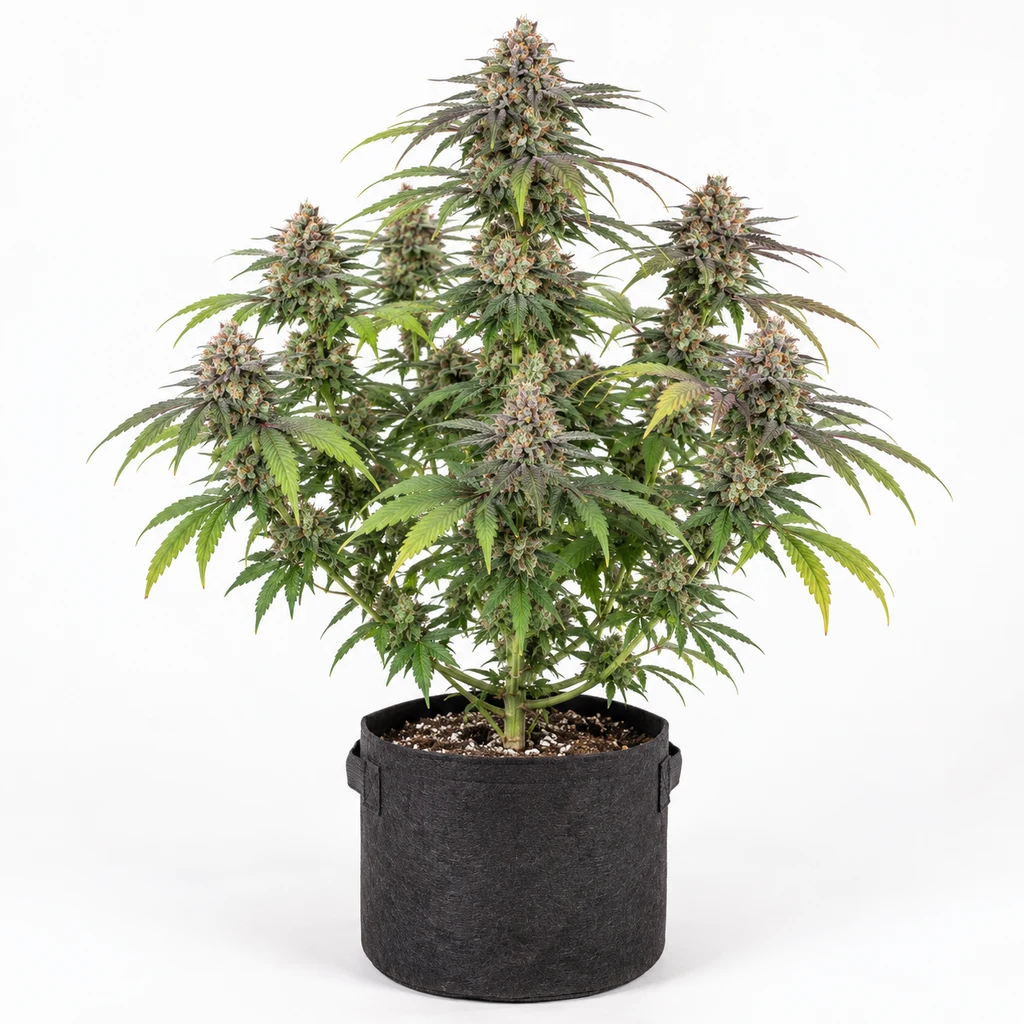 Ilustración de una planta de cannabis en floración para la ficha de Strawberry Gum Feminizada, en maceta negra sobre fondo blanco.