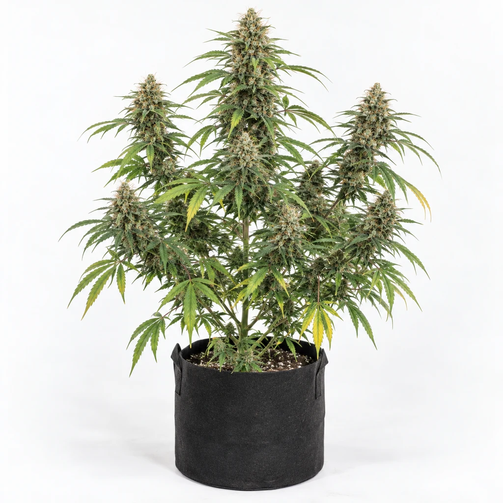 Ilustración de una planta en floración para la ficha de Skunk Haze Regular, con cogollos alargados en una maceta negra sobre fondo blanco.