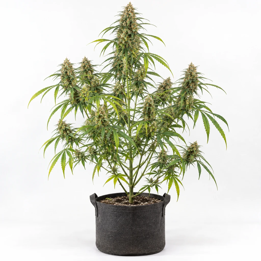 Ilustración de una planta en floración en maceta de tela negra, con cogollos en ramas laterales, para la ficha de Acapulco Gold Regular.