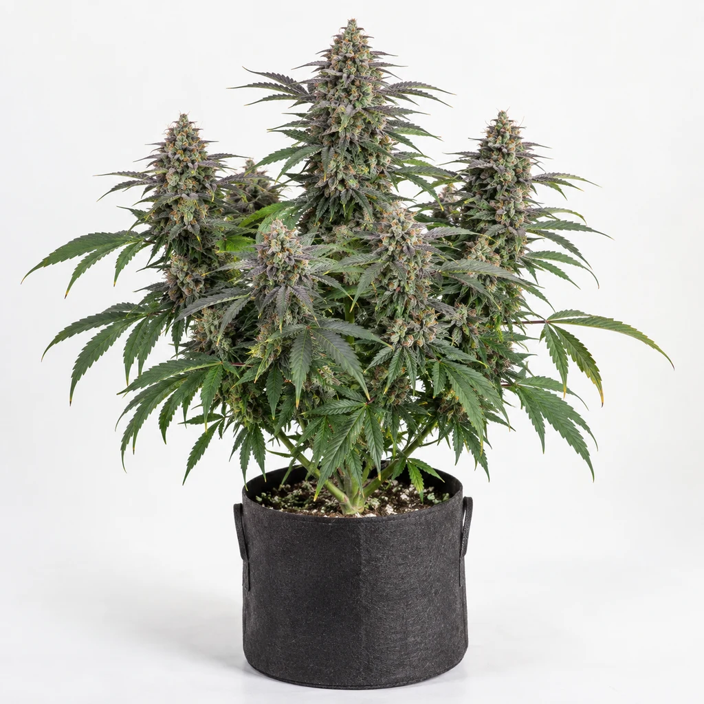 Ilustración de una planta en floración en maceta negra para la ficha de Oreo x Thin Mints x Zkittlez Regular, sobre fondo blanco.