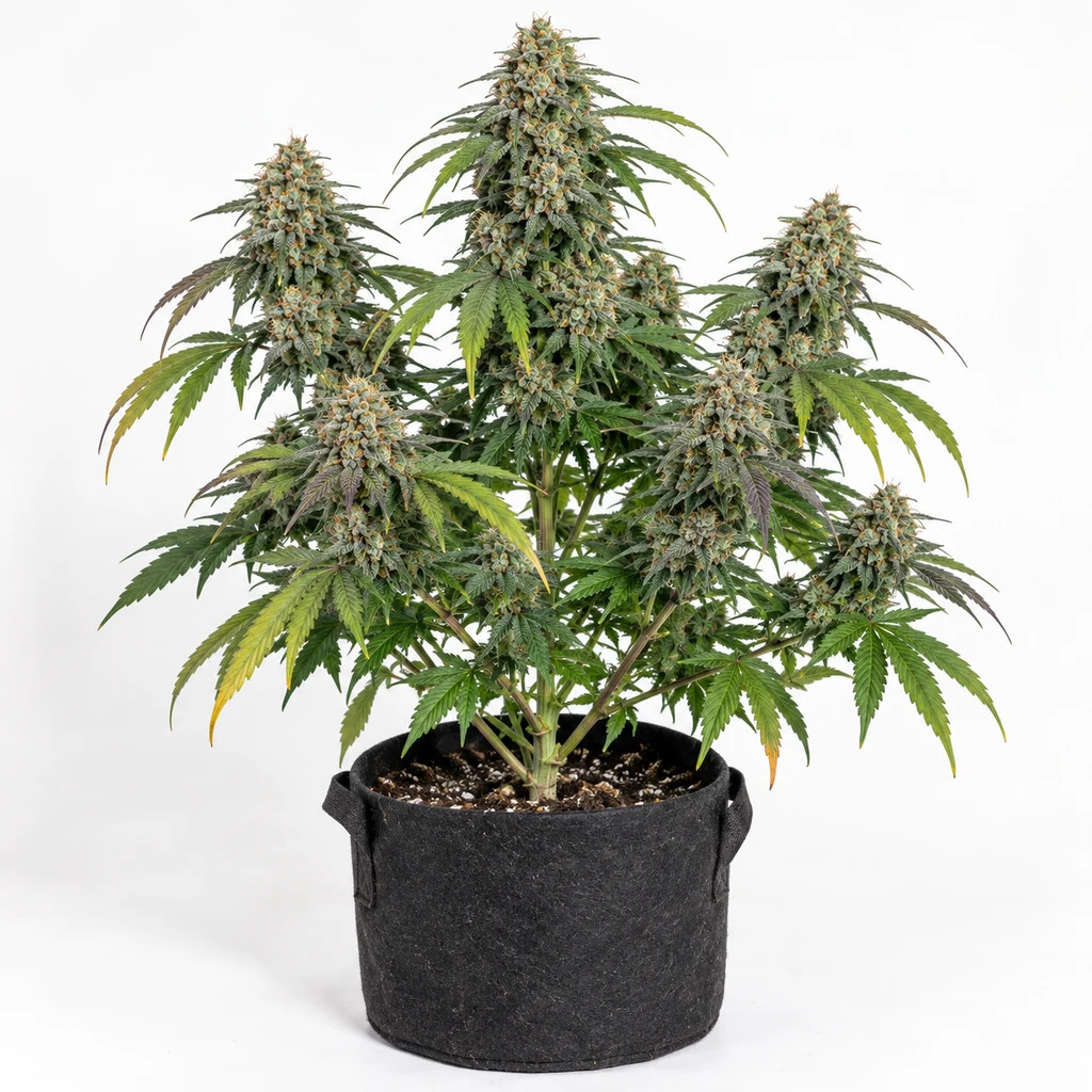 Ilustración de planta con cogollos voluminosos en maceta negra para la ficha de Chempie x Black Domina Feminizada.