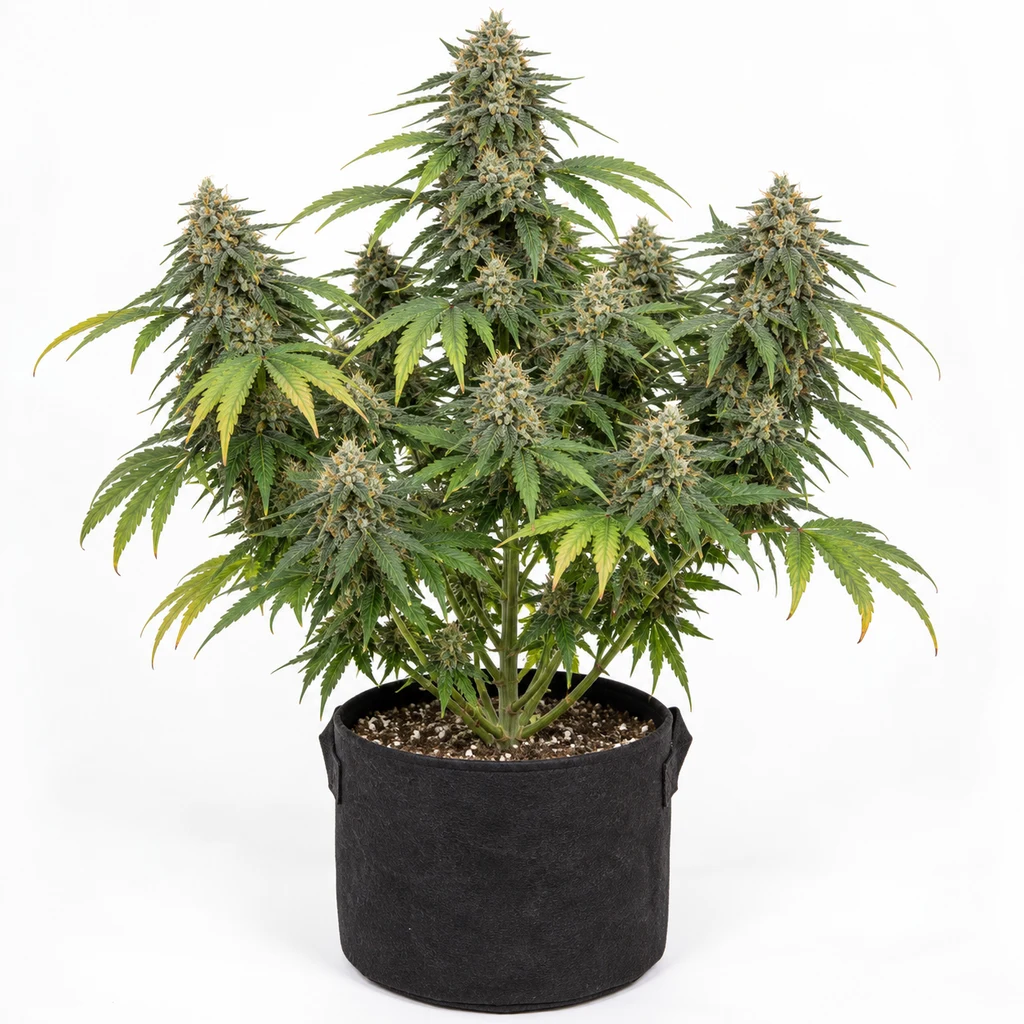 Ilustración de una planta de cannabis con varias colas florales en maceta negra para la ficha de Fast Collection #1 Feminizadas.