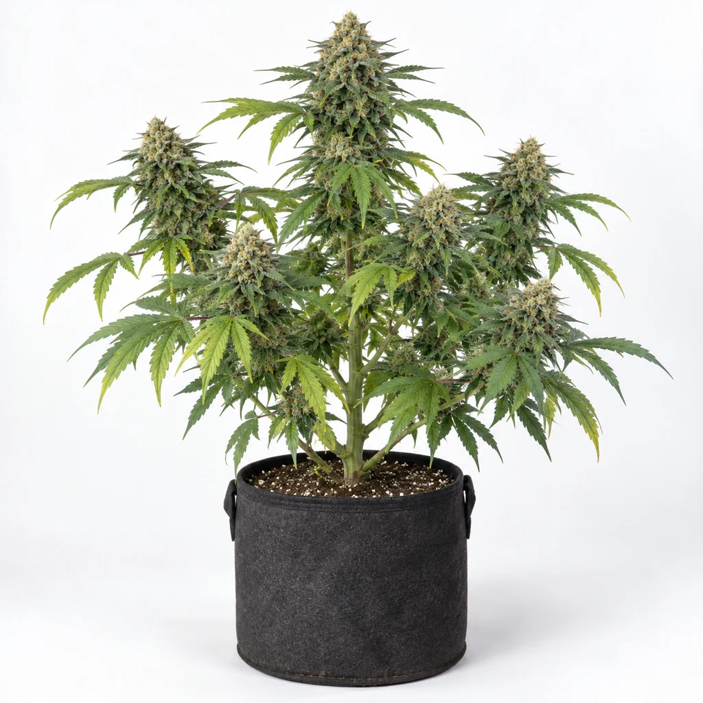 Ilustración de una planta de cannabis en maceta oscura, con flores y hojas verdes y amarillas, para la ficha de Kushage Feminizada.