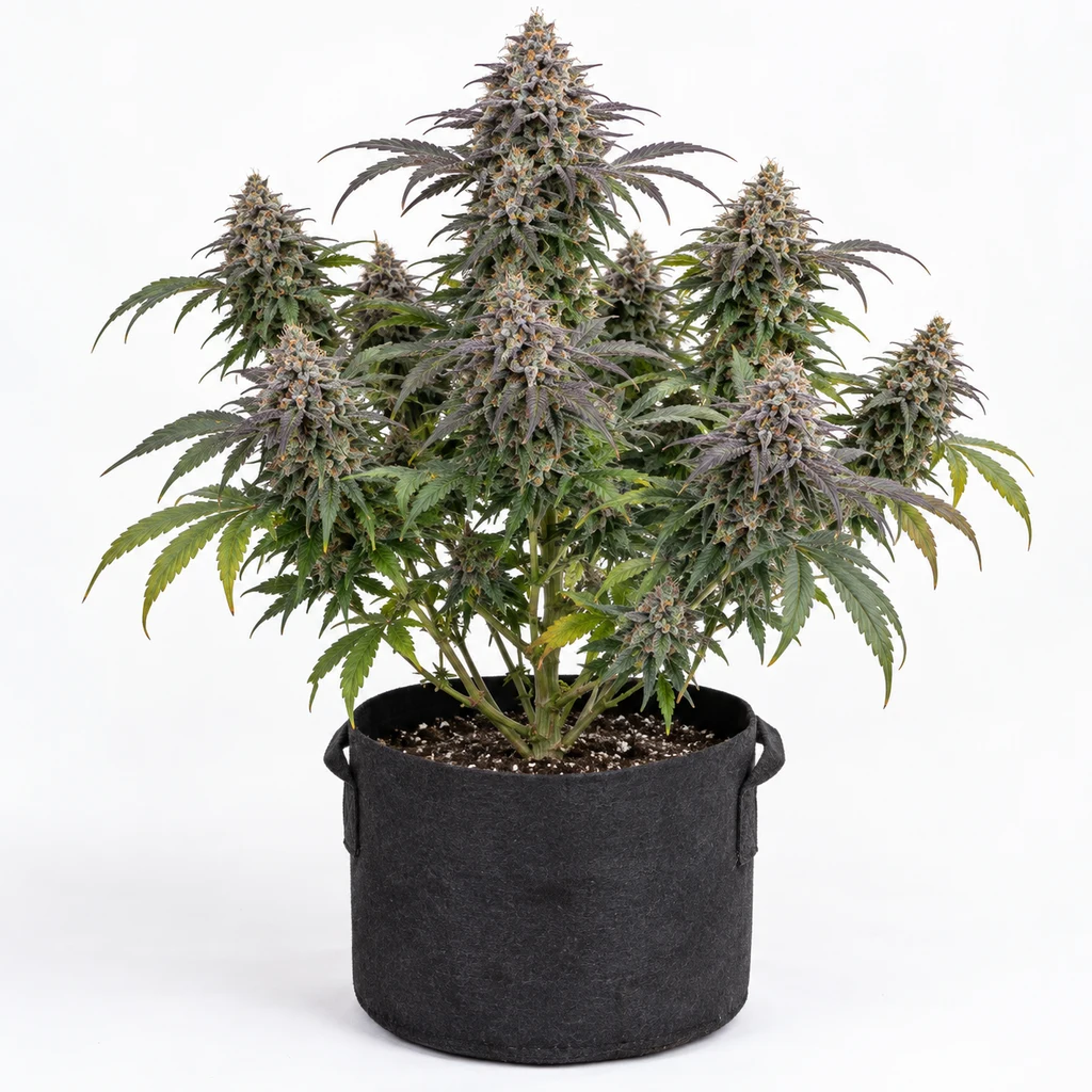 Ilustración de una planta en floración para la ficha de RS11 x Purple Punch Feminizada, con cogollos morados y maceta negra con asas.