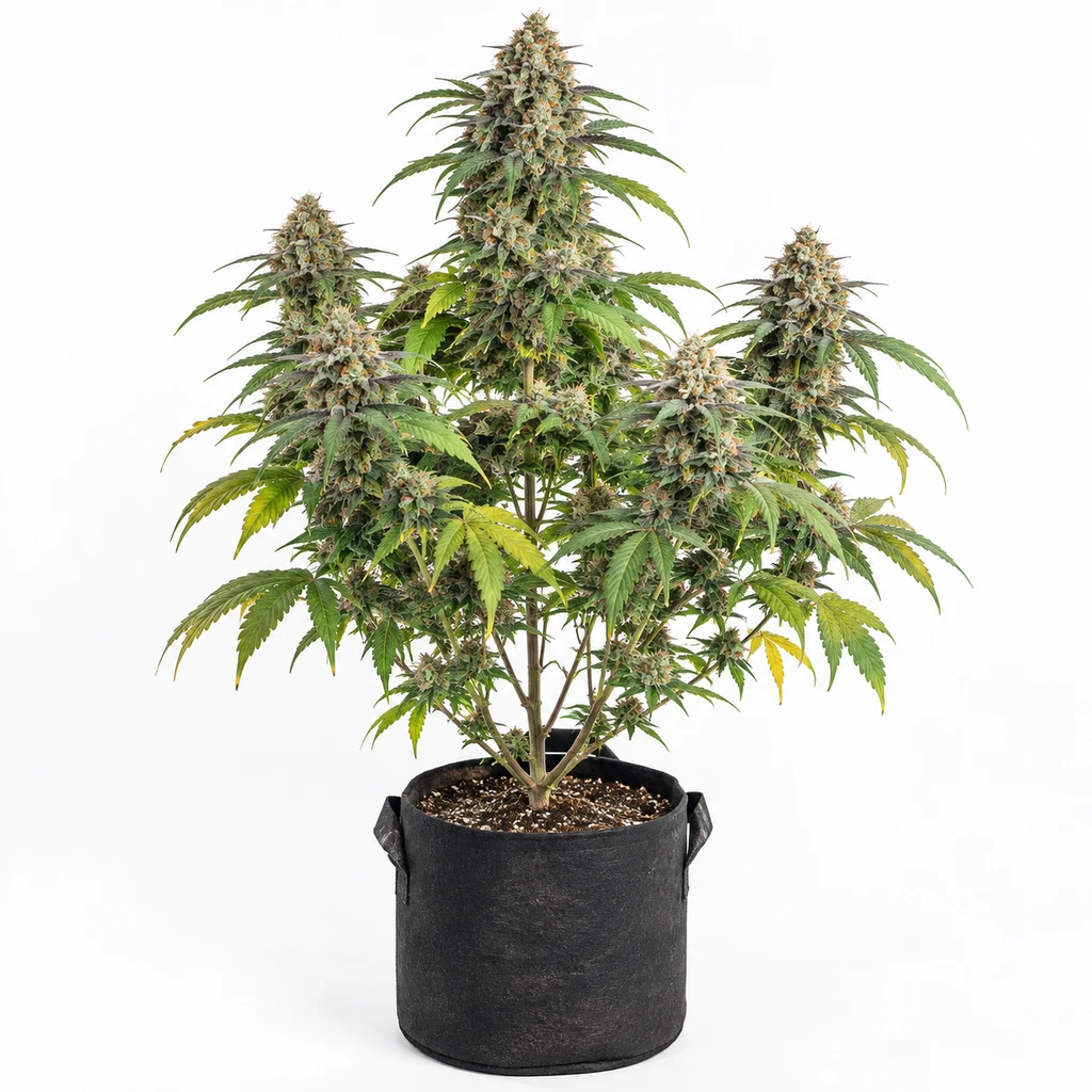 Ilustración de una planta de cannabis en floración para la ficha de Concorde Regular, con cogollos alargados y maceta negra sobre fondo blanco.