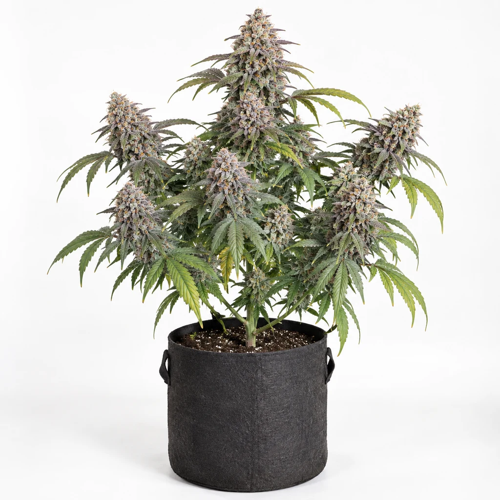 Ilustración de una planta de cannabis con cogollos voluminosos en maceta de tela negra para la ficha de Hardcore Gelato Feminizada.
