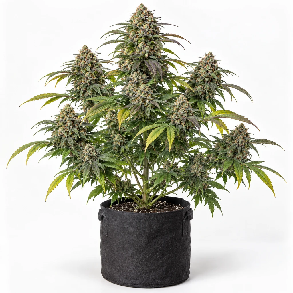 Ilustración de una planta en floración para la ficha de Flowerbomb Kush Feminizada, con varios cogollos y maceta textil negra.