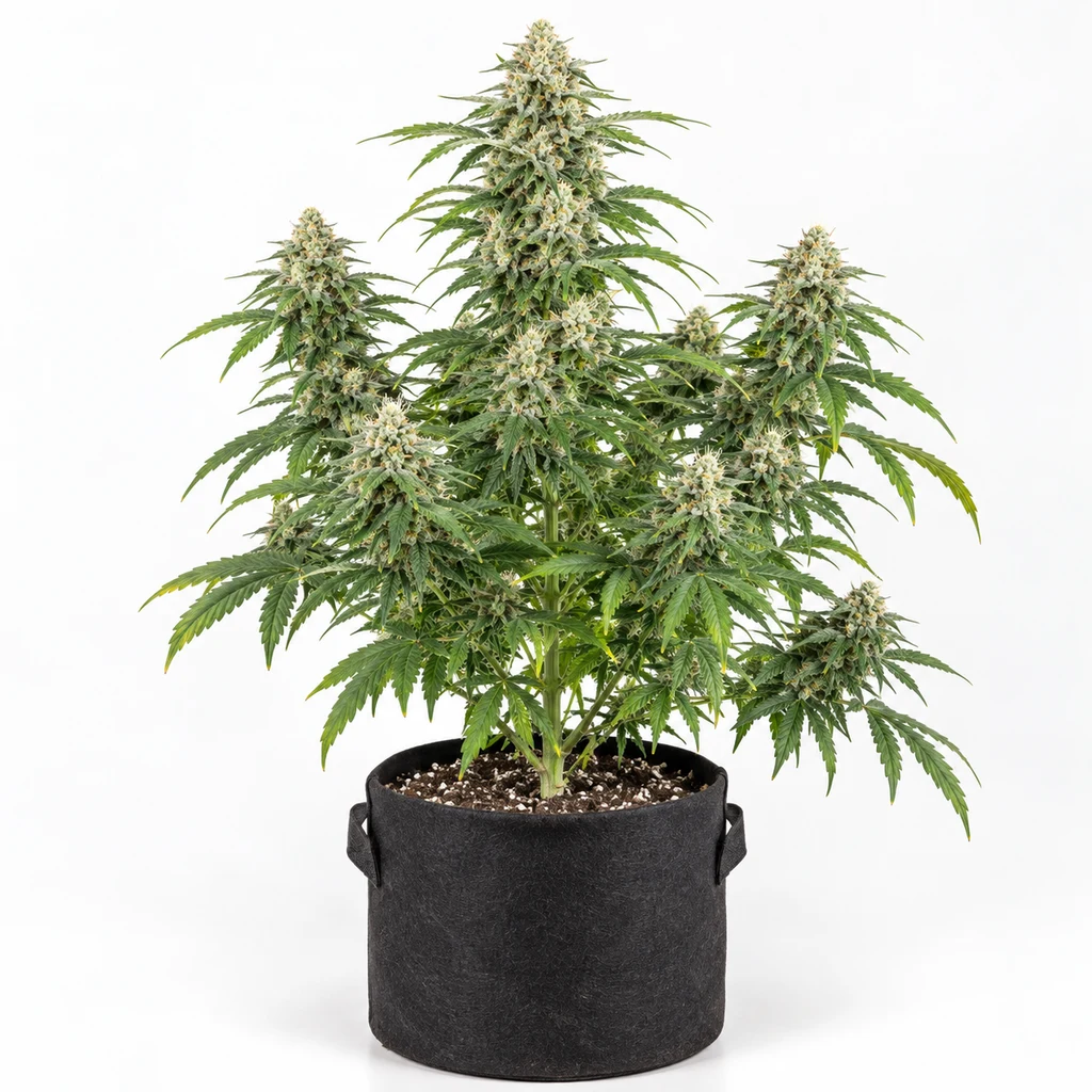 Ilustración de una planta de cannabis con cogollos y hojas verdes en maceta negra para la ficha de White Haze Regular – White Label.