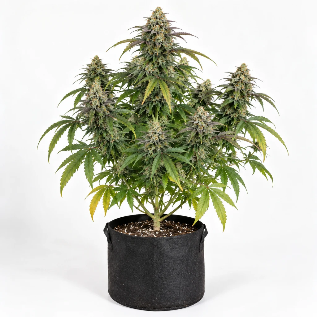 Ilustración de una planta de cannabis en floración, en maceta negra, para la ficha de Tropical Velvet Fast CBD Feminizada.