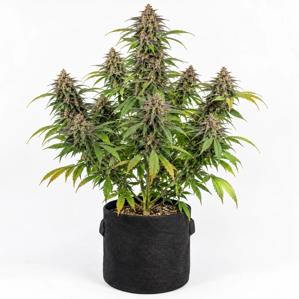 Ilustración de una planta en floración para la ficha de Apollo Black Cherry Auto, con cogollos alargados y maceta negra sobre fondo blanco.