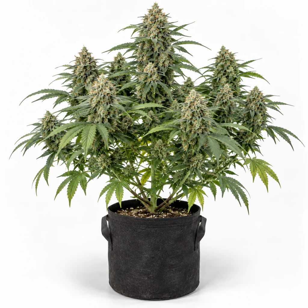 Ilustración de una planta para la ficha de Mouth Wash de Humboldt Seeds Feminizada, con numerosos cogollos y hojas verdes en maceta negra.