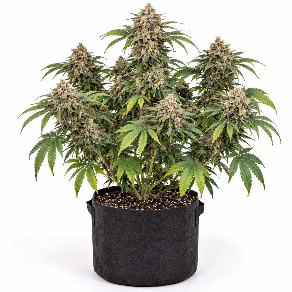 Ilustración de una planta de cannabis con varias colas florales en maceta negra para la ficha de Zkittlez 2.0 Feminizada.