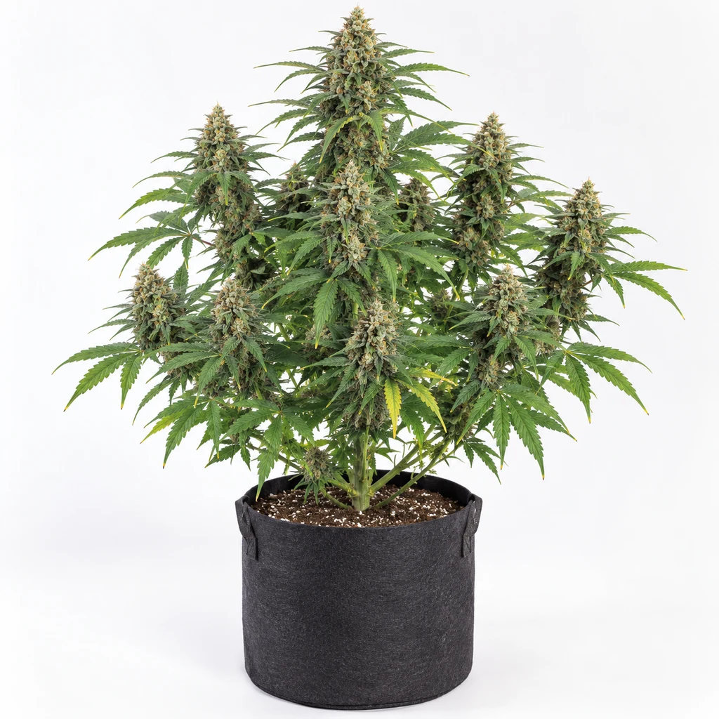 Ilustración de una planta de cannabis en floración en maceta textil negra para la ficha de Fast Collection 2 Feminizadas de 00 Seeds.