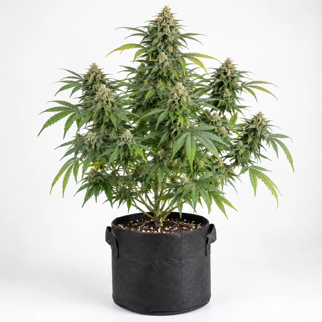 Ilustración de una planta con flores y hojas verdes en maceta negra sobre fondo blanco para la ficha de Superfruit CBD Feminizada.