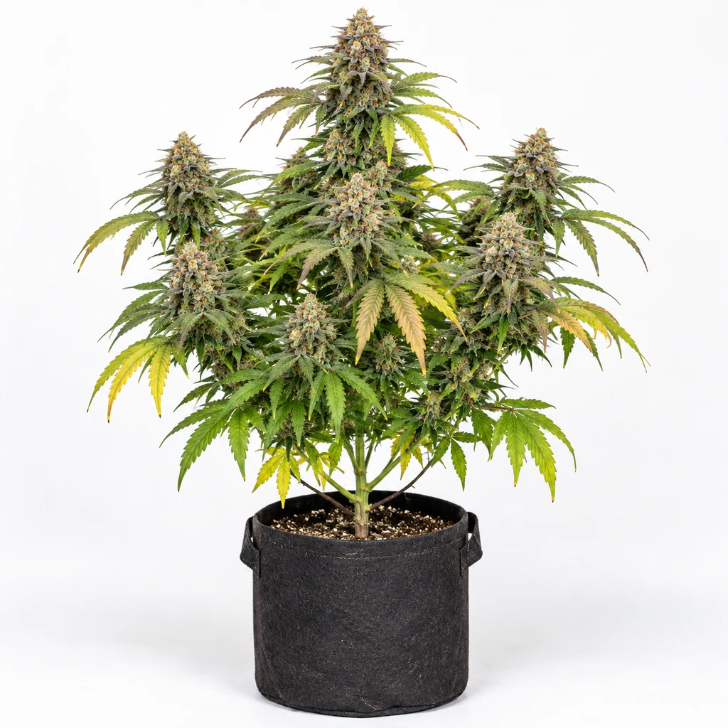 Ilustración de planta con cogollos, hojas verdes y amarillas y maceta negra para la ficha de Crazy Banana Regular.