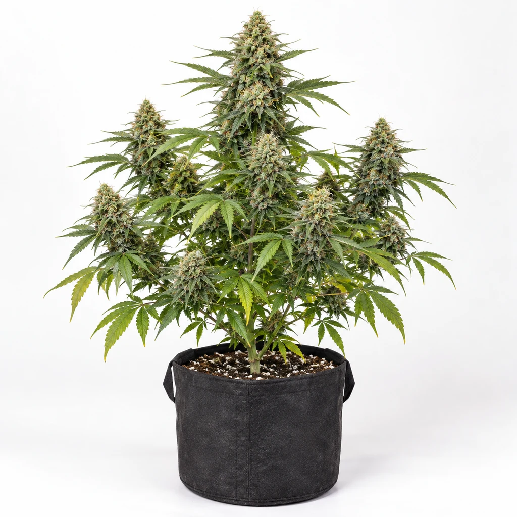 Ilustración de una planta en floración para la ficha de CBD 20:1 Auto, con cogollos en varias ramas y maceta negra sobre fondo blanco.