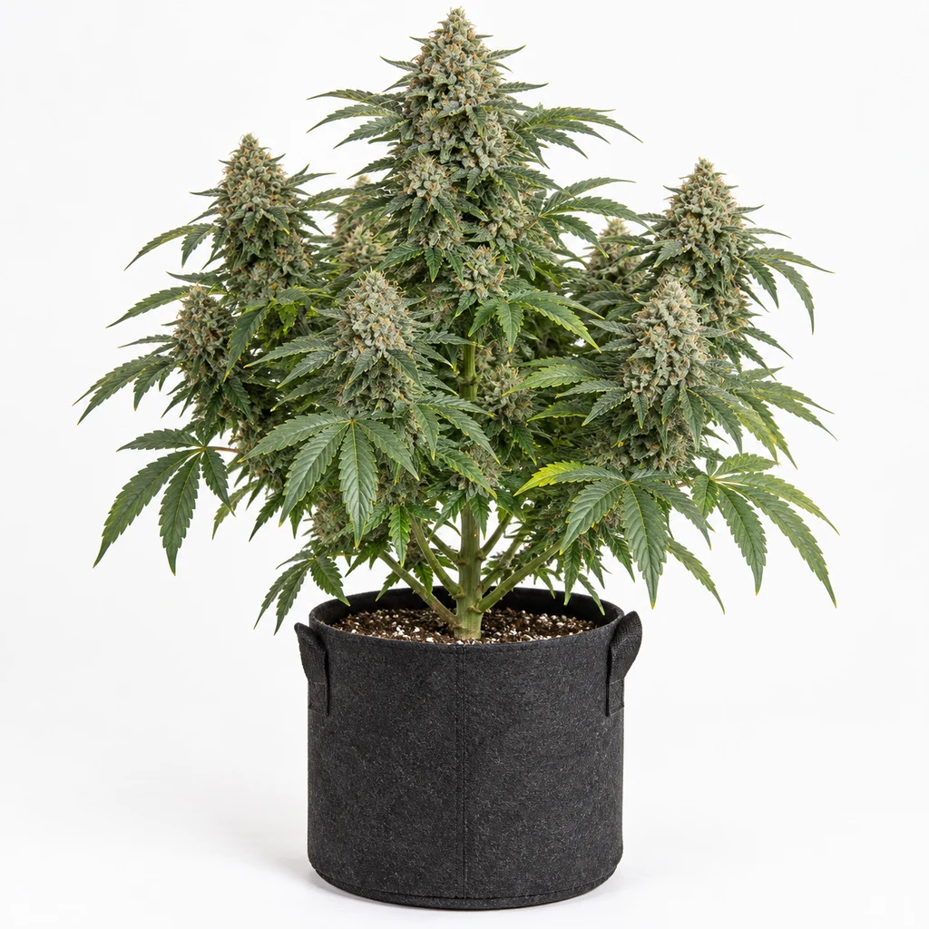 Ilustración de una planta de cannabis con cogollo central alto y flores laterales en maceta gris, para la ficha de N13 Kush Feminizada.