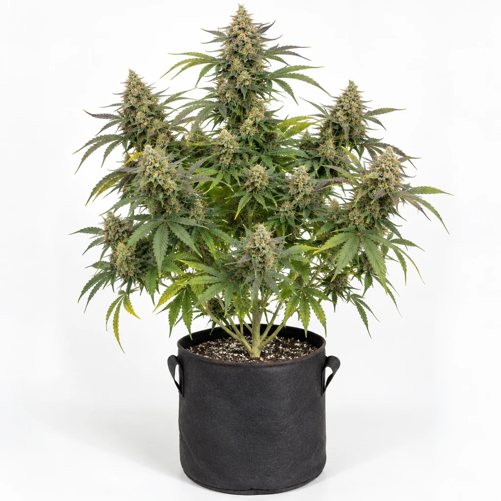Ilustración de una planta de cannabis con flores alargadas en maceta negra, para la ficha de Tropical Kush Fuel Feminizada.