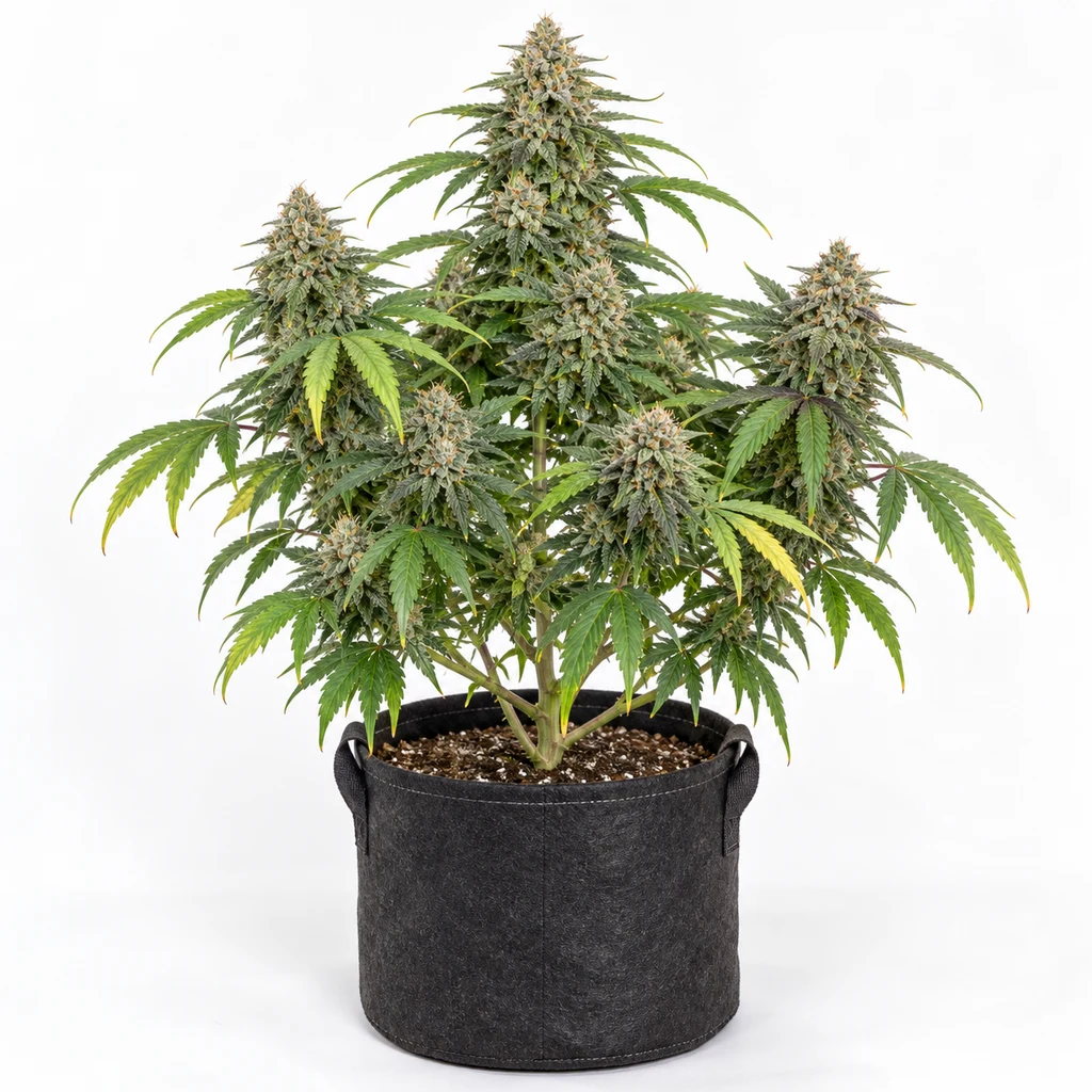 Ilustración de una planta en floración para la ficha de Auto DNA Cake, con cogollos densos y hojas verdes en maceta negra sobre fondo blanco.