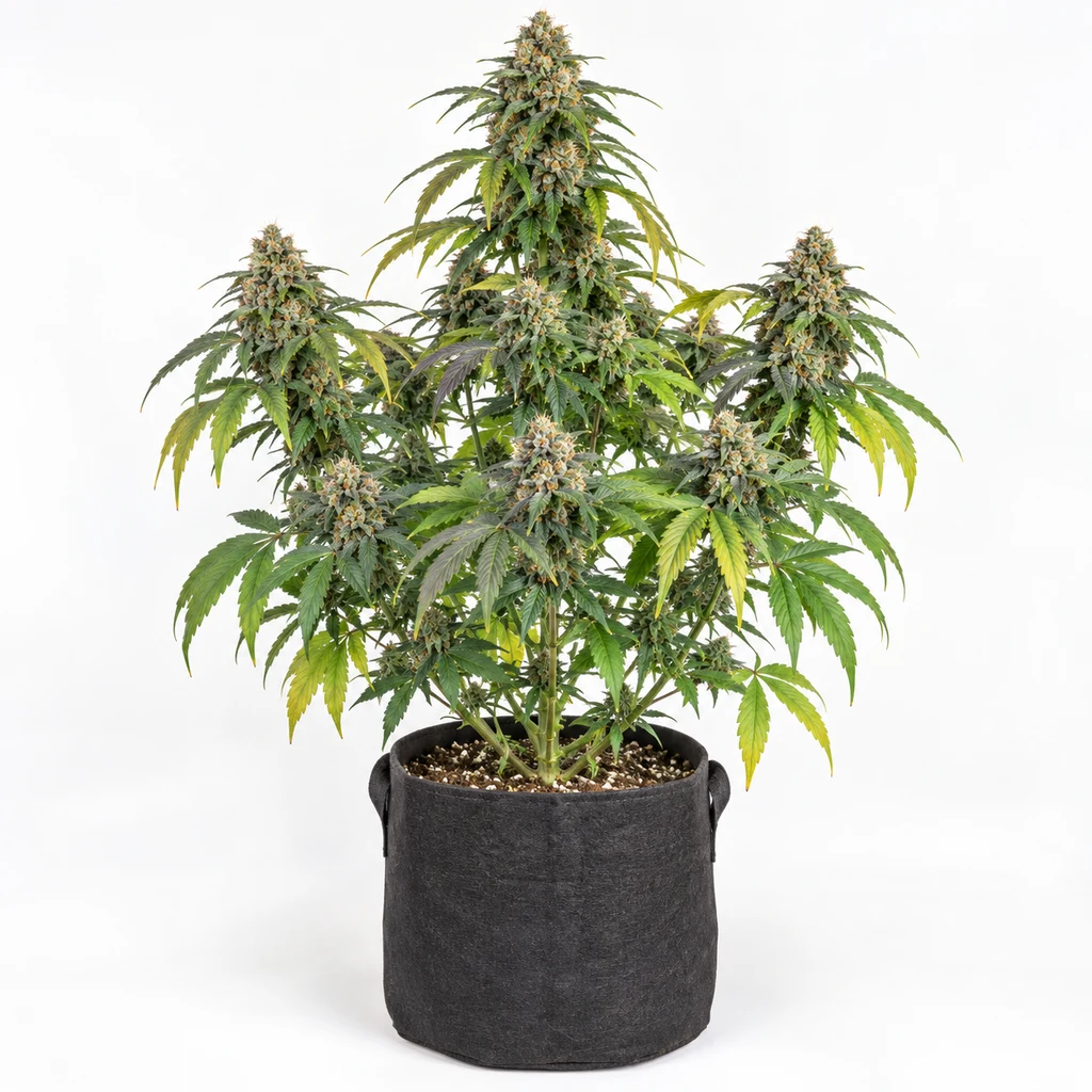 Ilustración de una planta de cannabis para la ficha de Wembley, con cogollos alargados, hojas verdes y amarillas y maceta negra.